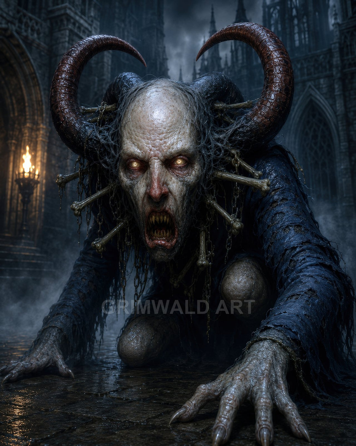 A horned, skeletal-laden demon crawls across wet cobblestones before a gothic cathedral at night, eyes glowing in torchlit fog and looming stonework.