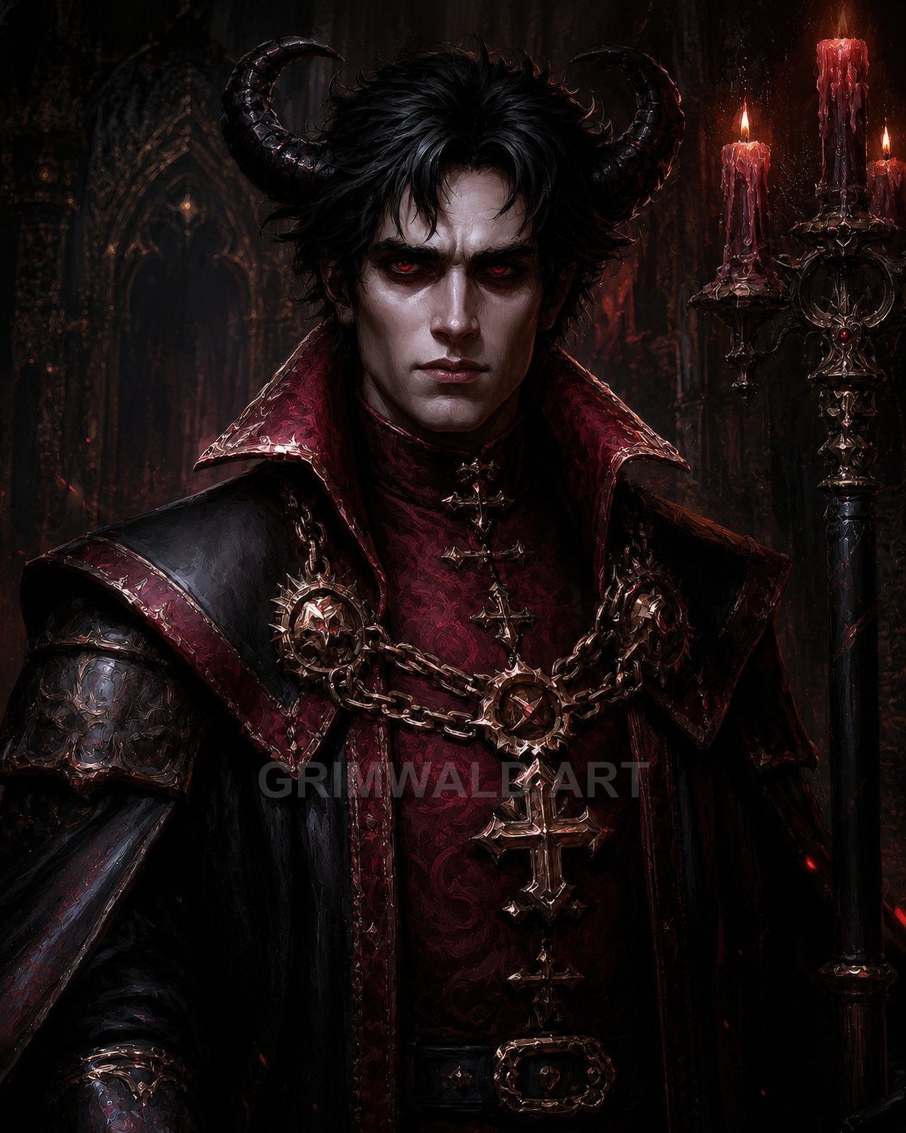 Horned male demon in red and black regalia with chains and crosses, holding a candelabrum within a shadowy, candlelit gothic cathedral interior.