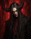 GRID THUMBNAIL — Portrait of a horned demon with long dark hair and red eyes, wearing ornate black clothing and a crimson scarf against a textured red backdrop.