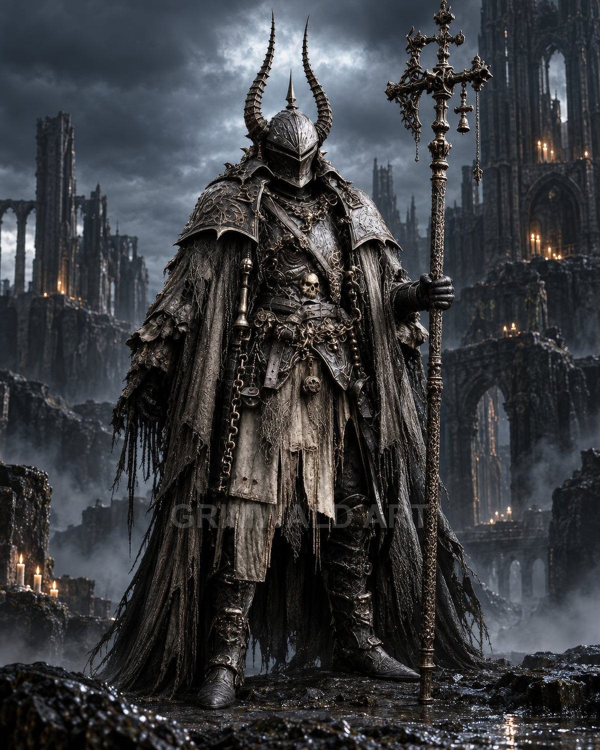 Armoured figure with horned helmet holds ornate staff amid gothic ruins, storm clouds and mist swirling, candles burning among dark rocks.