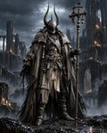 GRID THUMBNAIL — Armoured figure with horned helmet holds ornate staff amid gothic ruins, storm clouds and mist swirling, candles burning among dark rocks.