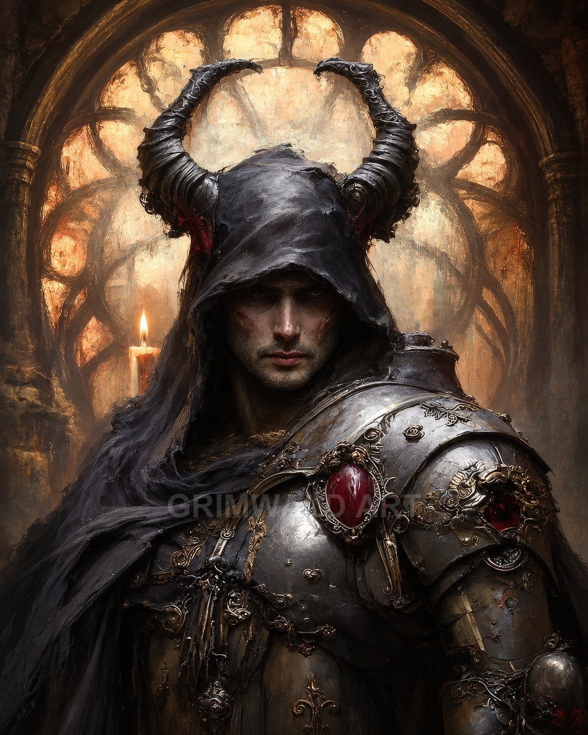 Dark fantasy portrait of a hooded, horned knight in ornate armour before a glowing cathedral window, lit by a single candle.