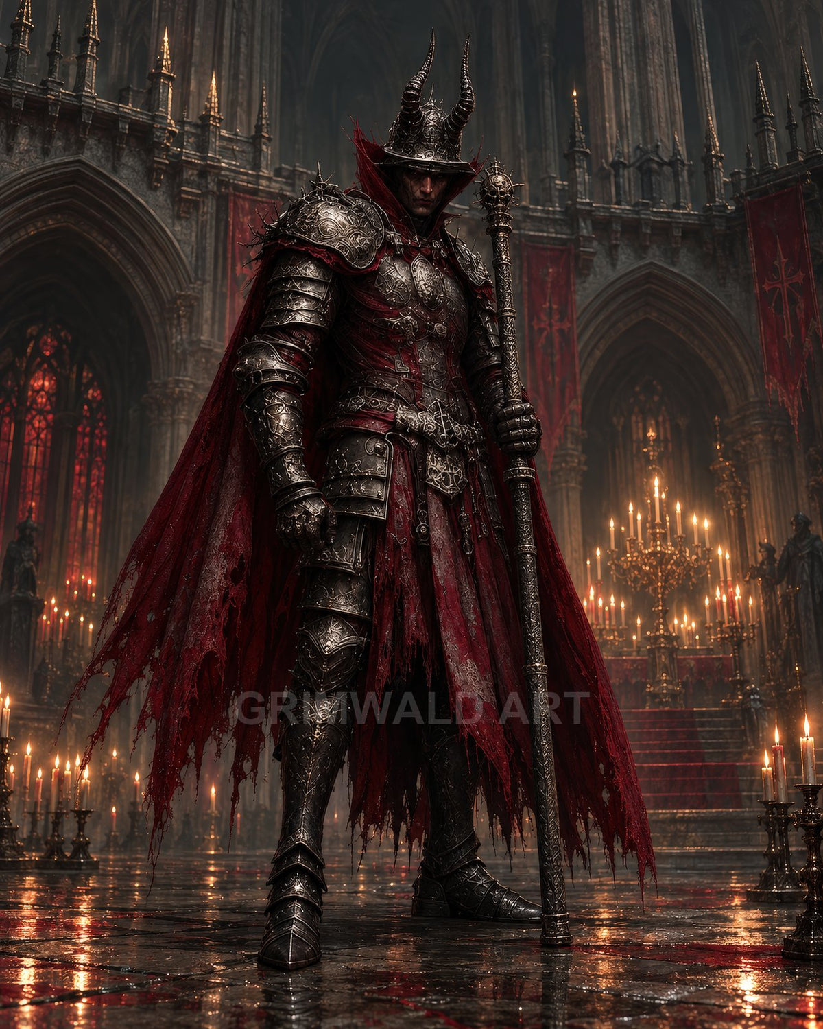 Armoured death knight with horned helmet and tattered red cloak stands in a candlelit gothic cathedral, gripping a carved staff amid bloodstained marble.