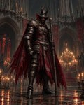 GRID THUMBNAIL — Armoured death knight with horned helmet and tattered red cloak stands in a candlelit gothic cathedral, gripping a carved staff amid bloodstained marble.