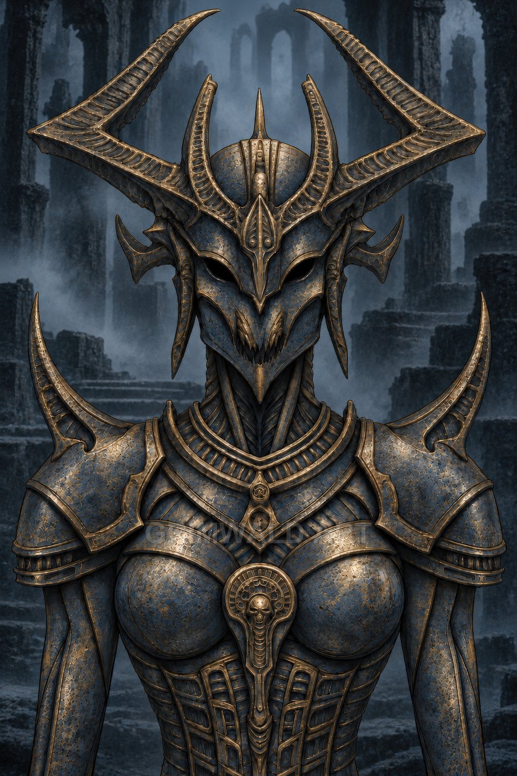 Armoured female death knight with horned, skull-like helm and blue-gold engraved plate stands before mist-shrouded stone ruins, exuding ominous gothic menace.