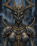 GRID THUMBNAIL — Armoured female death knight with horned, skull-like helm and blue-gold engraved plate stands before mist-shrouded stone ruins, exuding ominous gothic menace.