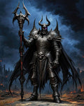 GRID THUMBNAIL — Towering horned armoured knight with trident spear stands amid burning ruins, tattered black cape, skull-adorned armour and glowing eyes beneath a stormy sky.