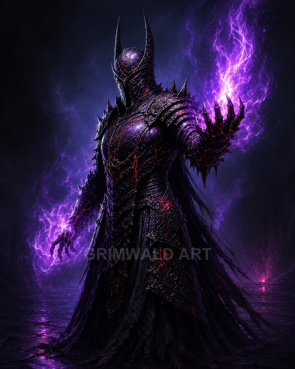 A horned, black-armoured figure summons crackling violet energy in a dark dungeon, cape trailing, intricate plates glowing with red fissures.