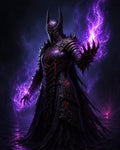 GRID THUMBNAIL — A horned, black-armoured figure summons crackling violet energy in a dark dungeon, cape trailing, intricate plates glowing with red fissures.