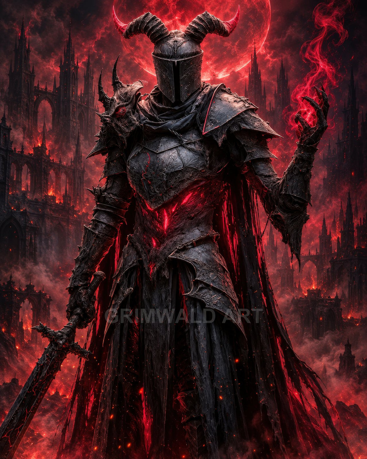 Armoured, horned-helmet death knight with glowing red cracks wields a sword and fiery magic before burning gothic spires under a blood-red moon.