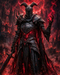GRID THUMBNAIL — Armoured, horned-helmet death knight with glowing red cracks wields a sword and fiery magic before burning gothic spires under a blood-red moon.
