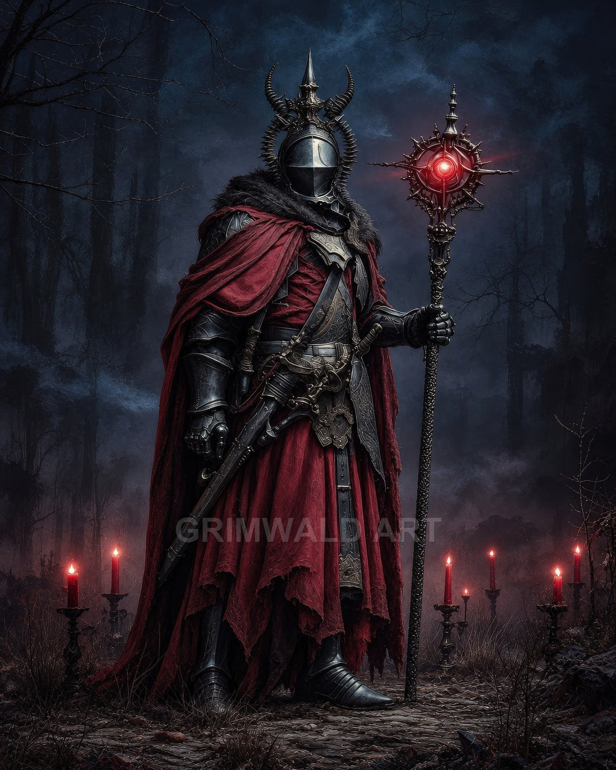 Armoured horned knight in a red cloak holds a spiked staff with a glowing red orb, standing among candles in a misty night forest.