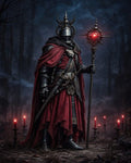 GRID THUMBNAIL — Armoured horned knight in a red cloak holds a spiked staff with a glowing red orb, standing among candles in a misty night forest.