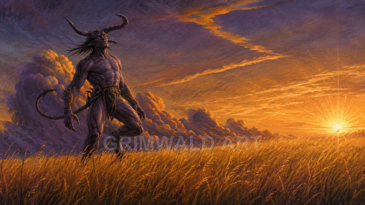 A towering horned demon strides through a golden wheat field at sunset, dramatic purple clouds and radiant sun flooding the sky with warm light.