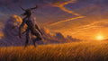 GRID THUMBNAIL — A towering horned demon strides through a golden wheat field at sunset, dramatic purple clouds and radiant sun flooding the sky with warm light.