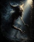 GRID THUMBNAIL — A horned demonic creature with glowing eyes and long claws crawls through a smoky stone dungeon, lit by a cold shaft of moonlight.