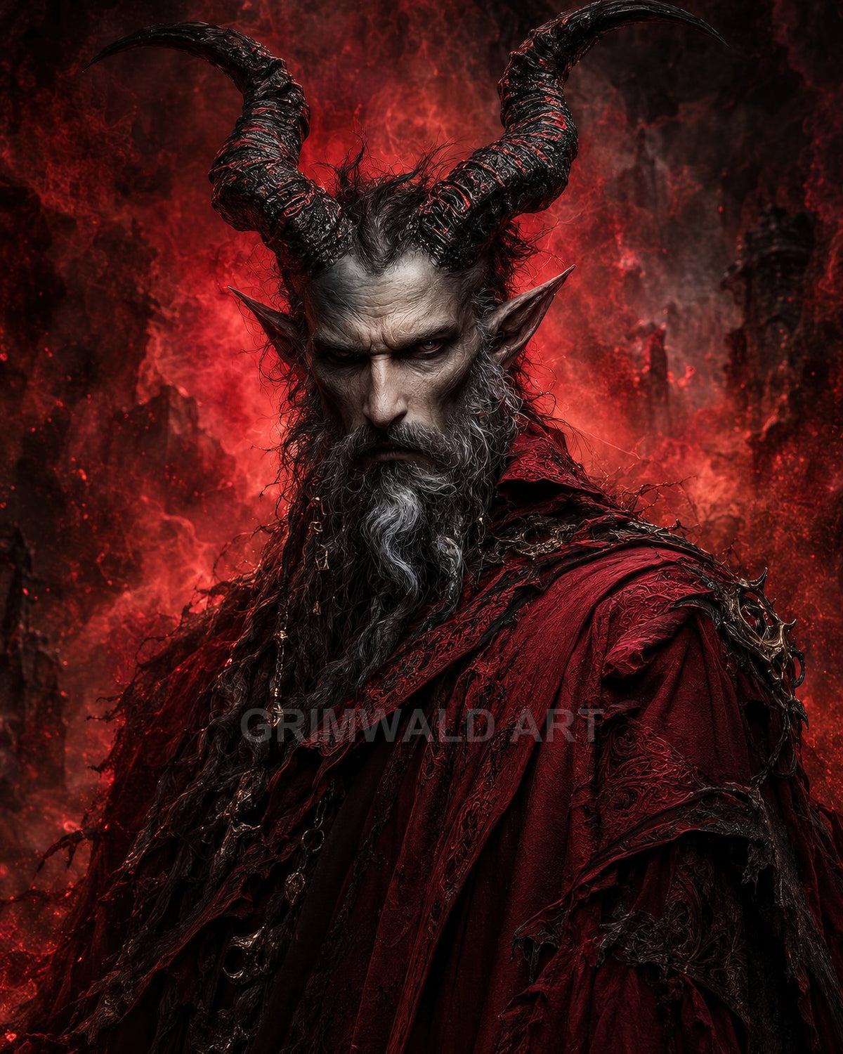 A horned, grey-bearded demon in ornate crimson robes glares against a firelit backdrop of swirling red smoke and distant, shadowy ruins.
