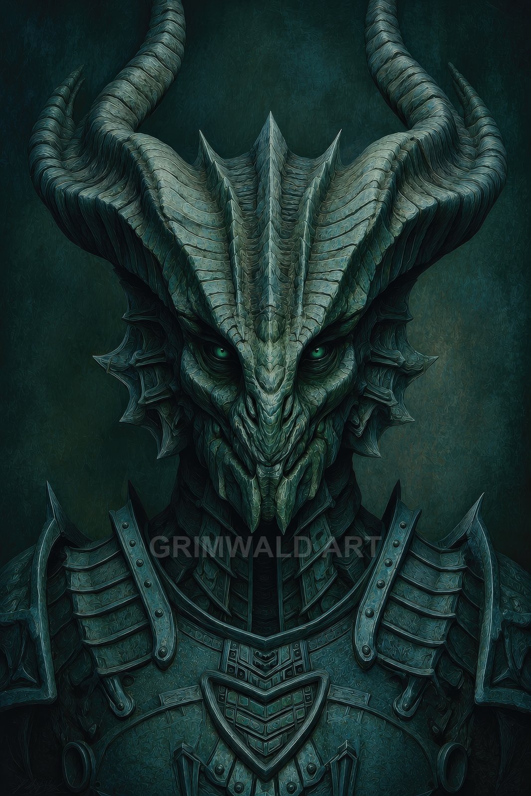 Close portrait of a horned, reptilian-faced demon in ornate dark armour, glowing green eyes fixed forward against a shadowed teal background.