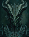 GRID THUMBNAIL — Close portrait of a horned, reptilian-faced demon in ornate dark armour, glowing green eyes fixed forward against a shadowed teal background.