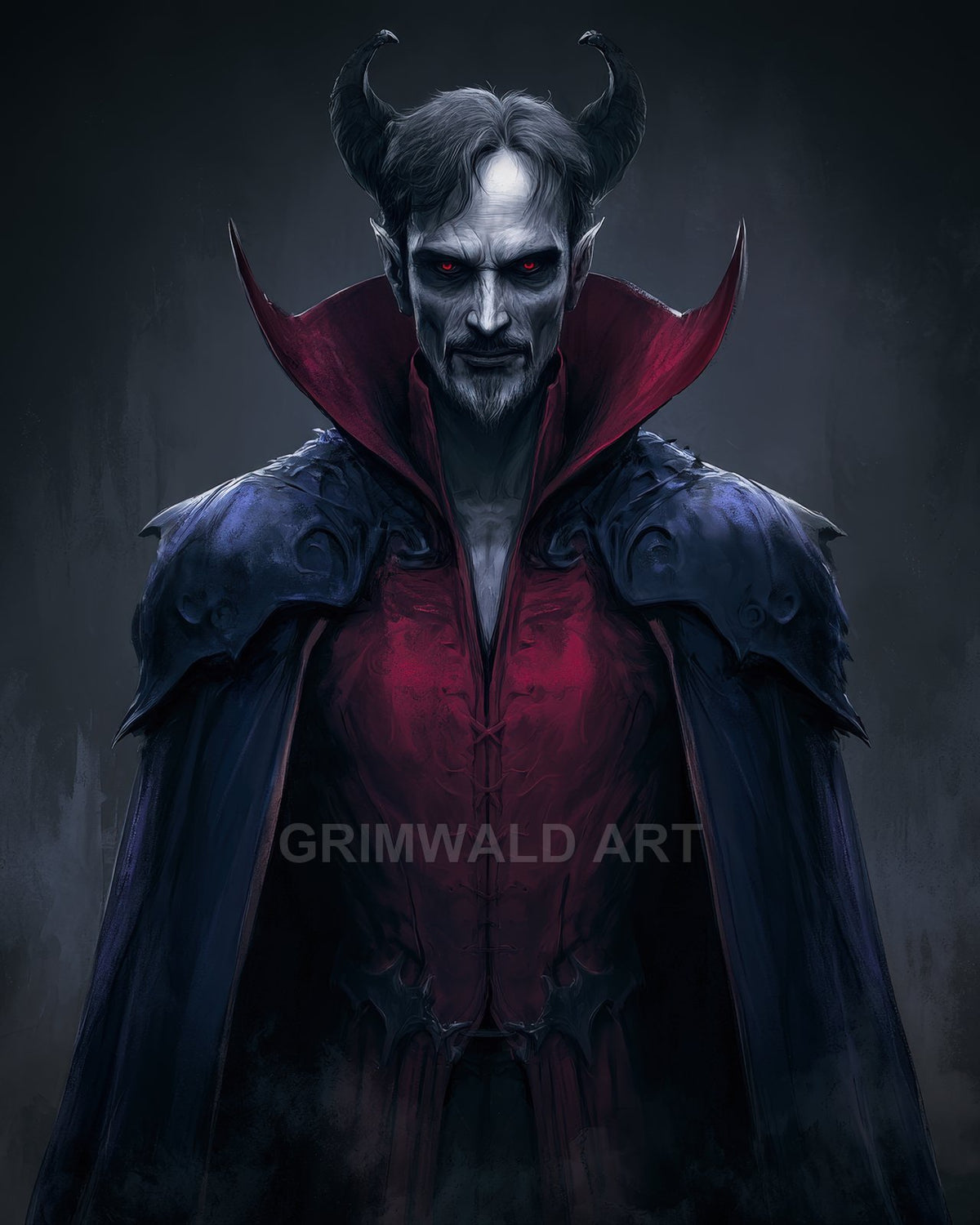 Portrait of a horned, red-eyed demon in a crimson high-collared tunic and dark pauldrons, staring forward against a shadowy background.