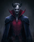 GRID THUMBNAIL — Portrait of a horned, red-eyed demon in a crimson high-collared tunic and dark pauldrons, staring forward against a shadowy background.