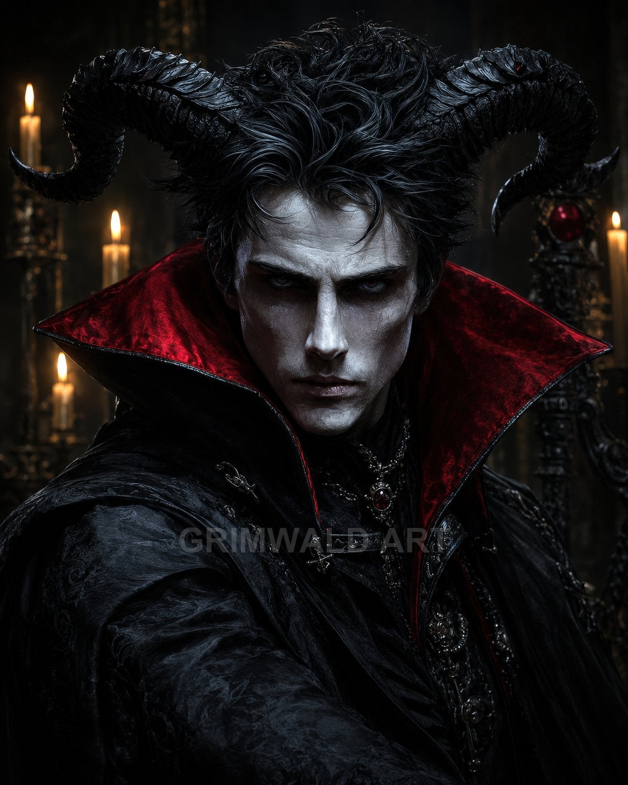 Pale horned male demon in an ornate black cloak with red collar, staring intensely amid candlelit gothic interior, baroque details and brooding darkness.