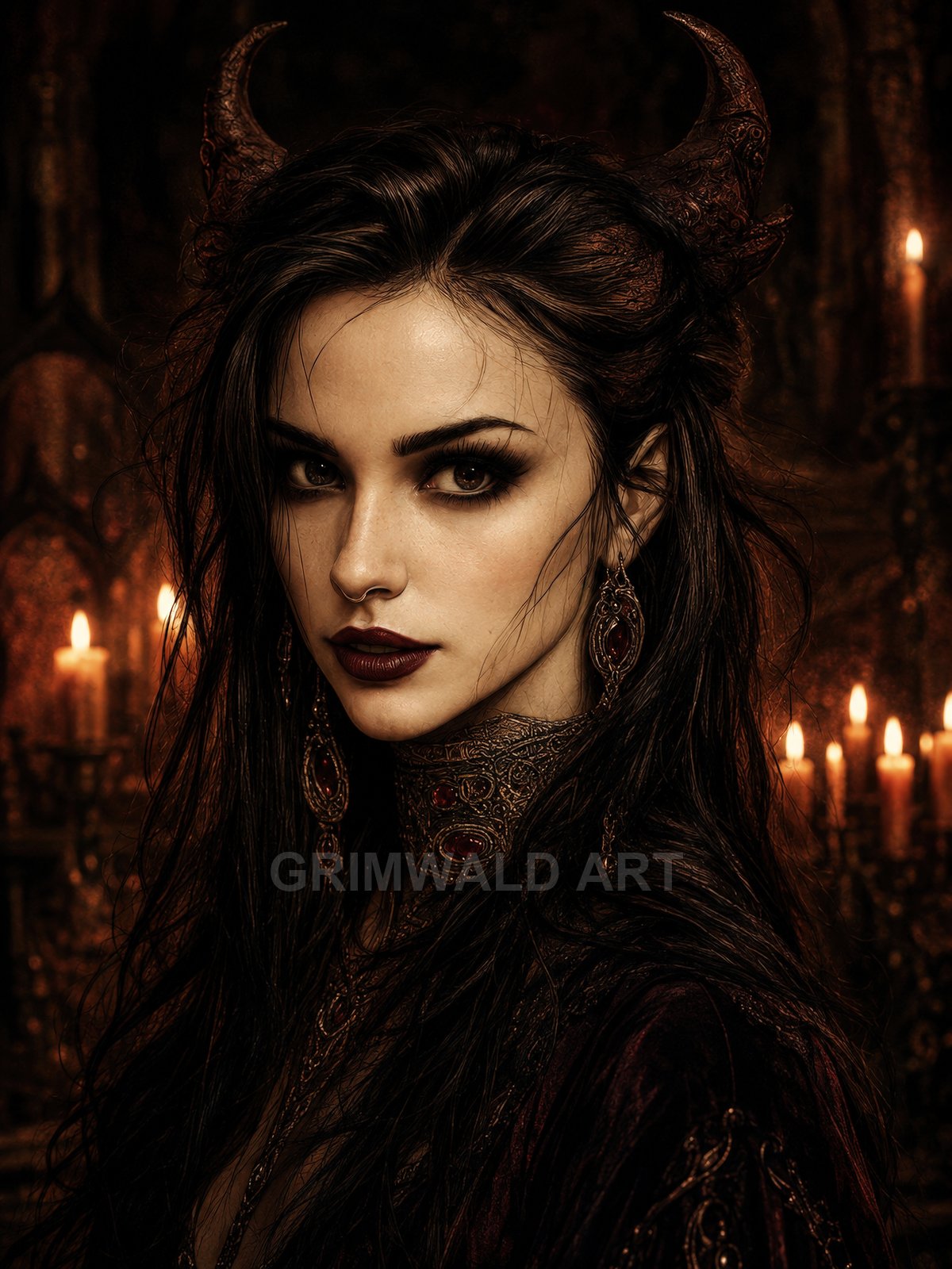 Portrait of a horned demon woman with dark hair and ornate jewellery, gazing intensely in a candlelit interior with warm brown tones.