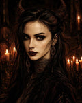 GRID THUMBNAIL — Portrait of a horned demon woman with dark hair and ornate jewellery, gazing intensely in a candlelit interior with warm brown tones.