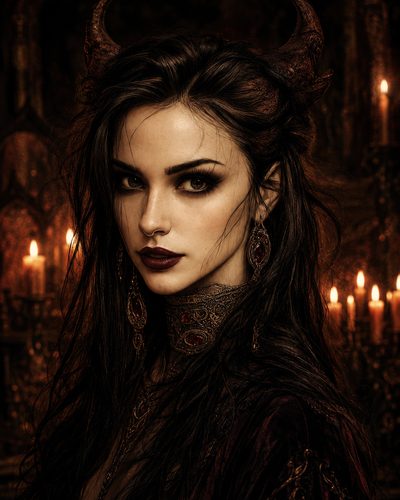 GRID THUMBNAIL — Portrait of a horned demon woman with dark hair and ornate jewellery, gazing intensely in a candlelit interior with warm brown tones.