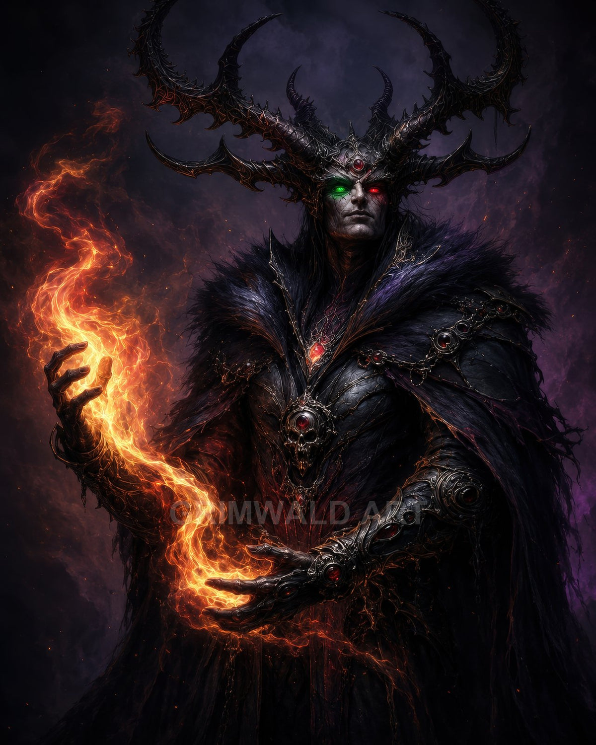 Dark fantasy portrait of a male sorcerer wearing a horned crown and ornate armour, conjuring swirling fire in his hands against a smoky backdrop.