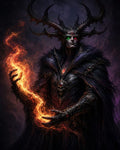 GRID THUMBNAIL — Dark fantasy portrait of a male sorcerer wearing a horned crown and ornate armour, conjuring swirling fire in his hands against a smoky backdrop.