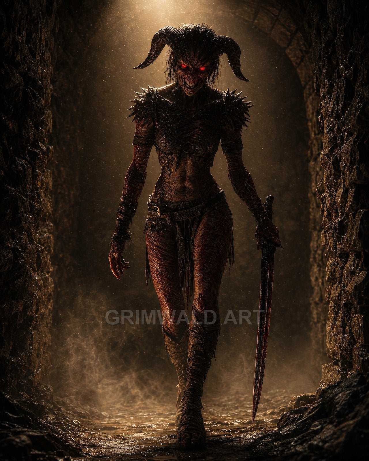 Horned demon with glowing red eyes and spiked hide strides through a firelit stone dungeon, gripping a bloodstained sword amid swirling smoke.