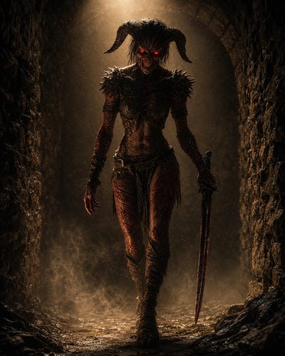GRID THUMBNAIL — Horned demon with glowing red eyes and spiked hide strides through a firelit stone dungeon, gripping a bloodstained sword amid swirling smoke.