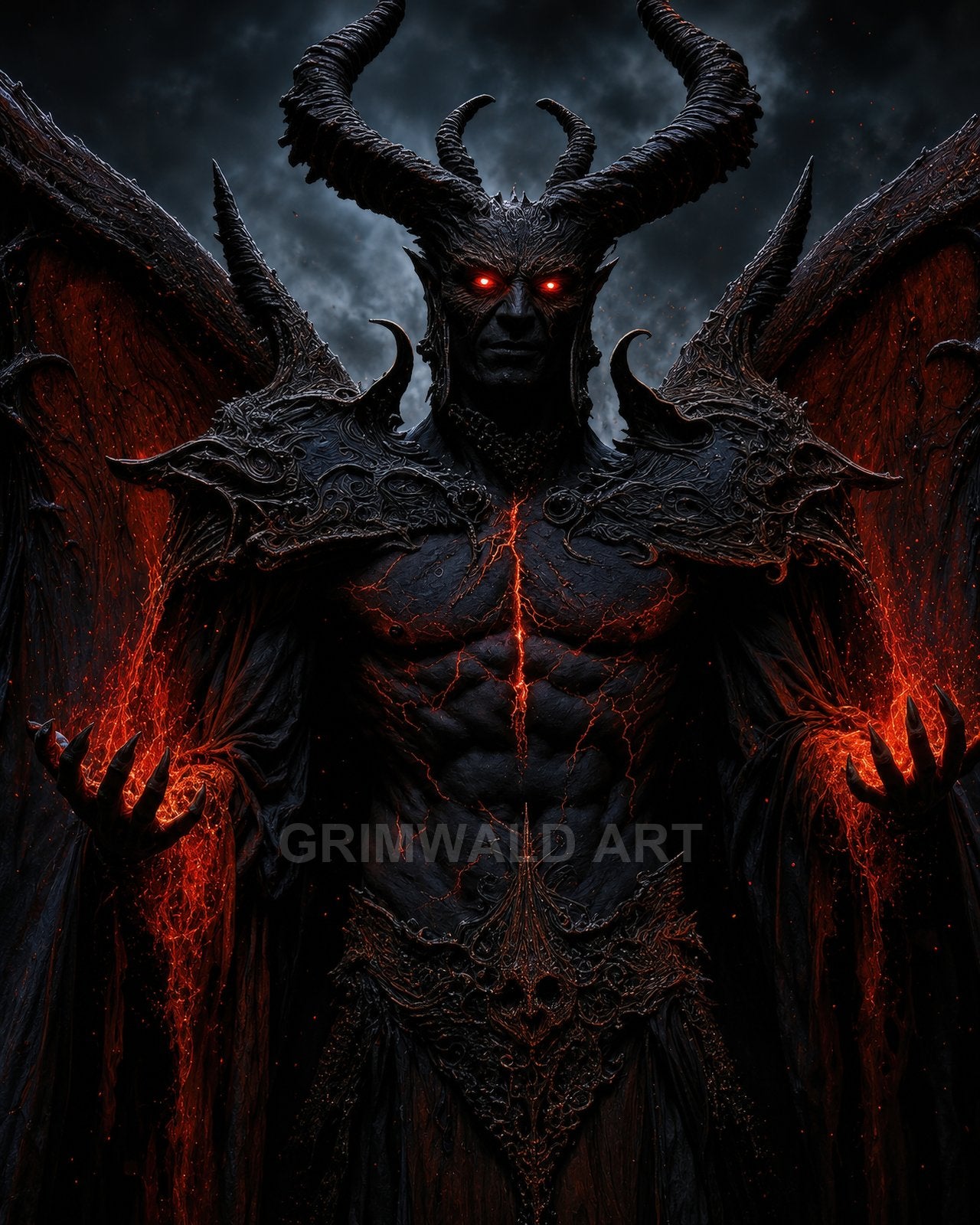 Armoured horned demon with burning red eyes and vast tattered wings conjuring lava-like fire in both hands against a storm-dark sky.