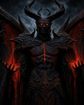 GRID THUMBNAIL — Armoured horned demon with burning red eyes and vast tattered wings conjuring lava-like fire in both hands against a storm-dark sky.