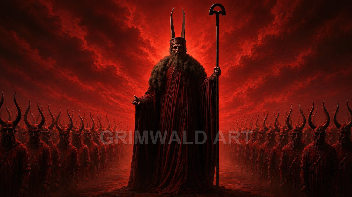 A towering horned priest in flowing robes stands with a staff before endless ranks of masked acolytes beneath a blazing red sky.