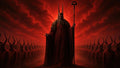 GRID THUMBNAIL — A towering horned priest in flowing robes stands with a staff before endless ranks of masked acolytes beneath a blazing red sky.