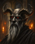 GRID THUMBNAIL — Close-up portrait of a horned demon with glowing red eyes and long grey beard, robed, in a candlelit gothic cathedral interior.