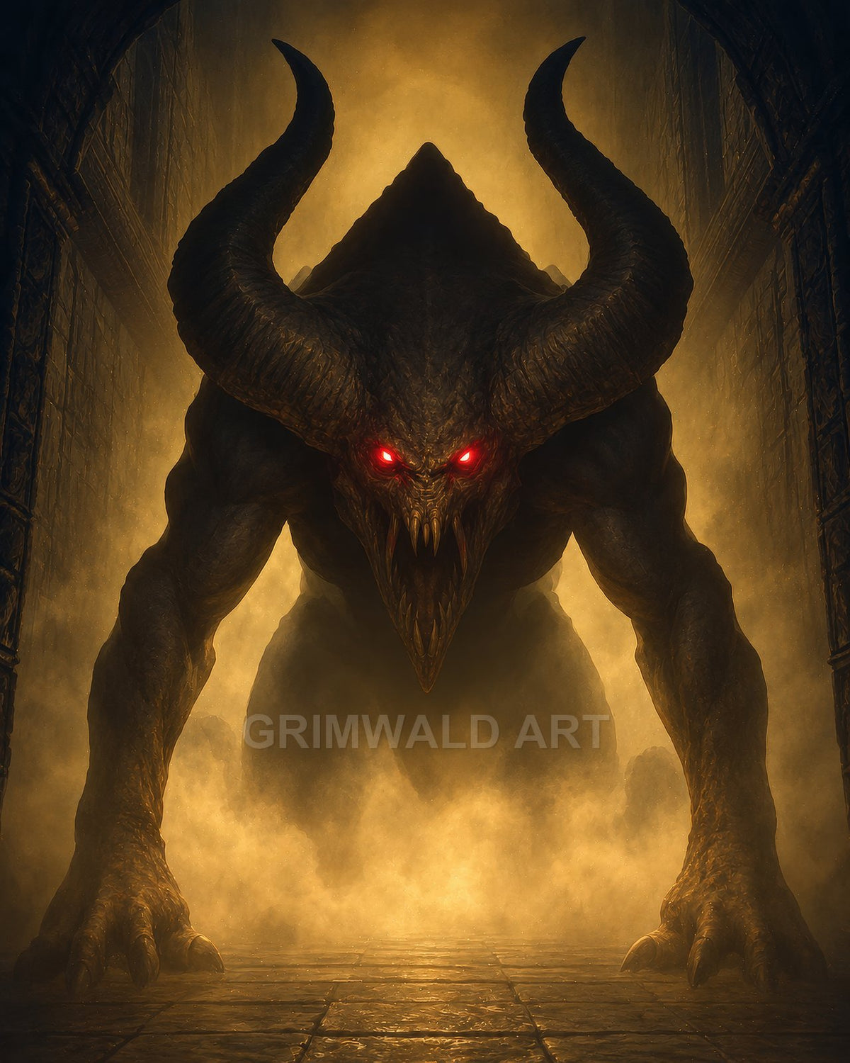 A massive horned demon with glowing red eyes looms in a firelit, misty stone hall, crouched forward with clawed hands and ominous presence.