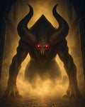 GRID THUMBNAIL — A massive horned demon with glowing red eyes looms in a firelit, misty stone hall, crouched forward with clawed hands and ominous presence.