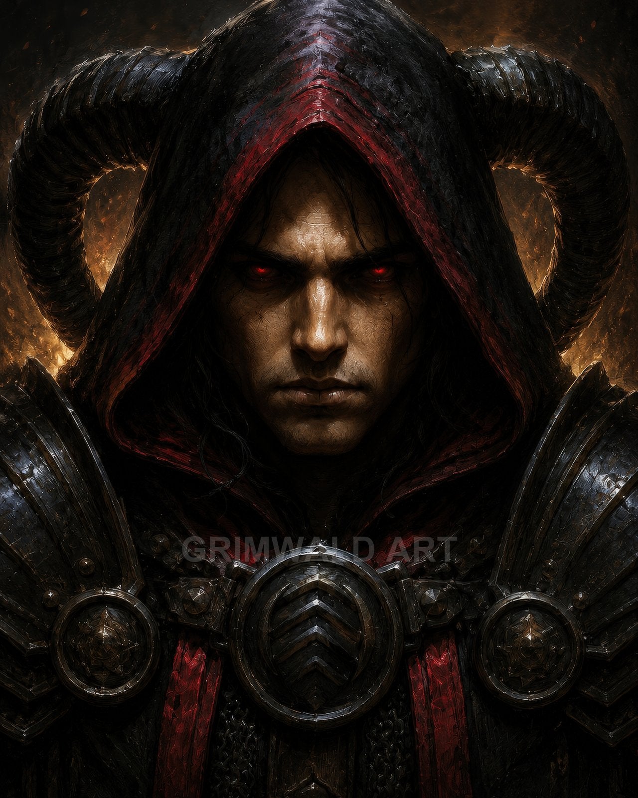 Close-up portrait of a horned, hooded demon knight in black armour with glowing red eyes, lit by embers and firelight.