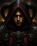 GRID THUMBNAIL — Close-up portrait of a horned, hooded demon knight in black armour with glowing red eyes, lit by embers and firelight.