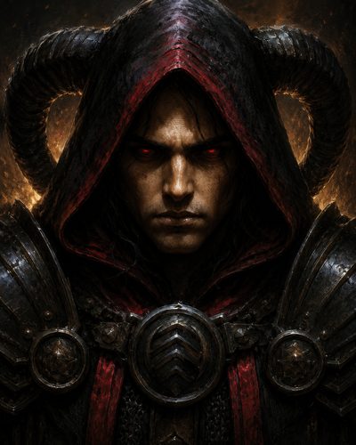 GRID THUMBNAIL — Close-up portrait of a horned, hooded demon knight in black armour with glowing red eyes, lit by embers and firelight.