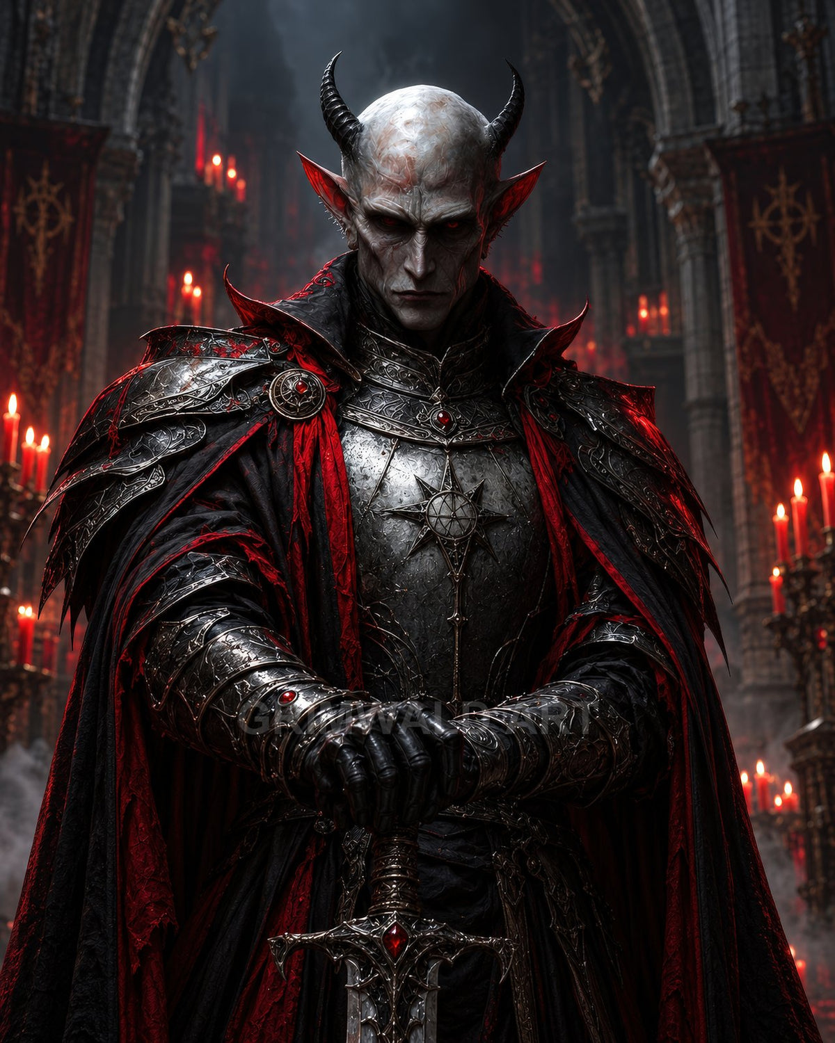 Armoured horned demon knight with red eyes grips a jewelled sword in a candlelit gothic cathedral, draped in black and crimson robes.