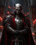 GRID THUMBNAIL — Armoured horned demon knight with red eyes grips a jewelled sword in a candlelit gothic cathedral, draped in black and crimson robes.
