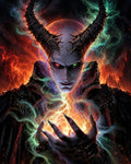GRID THUMBNAIL — A horned demonic figure with cracked grey skin conjures a blazing orb of magic, multicoloured vapours swirling amid fiery, volcanic darkness.