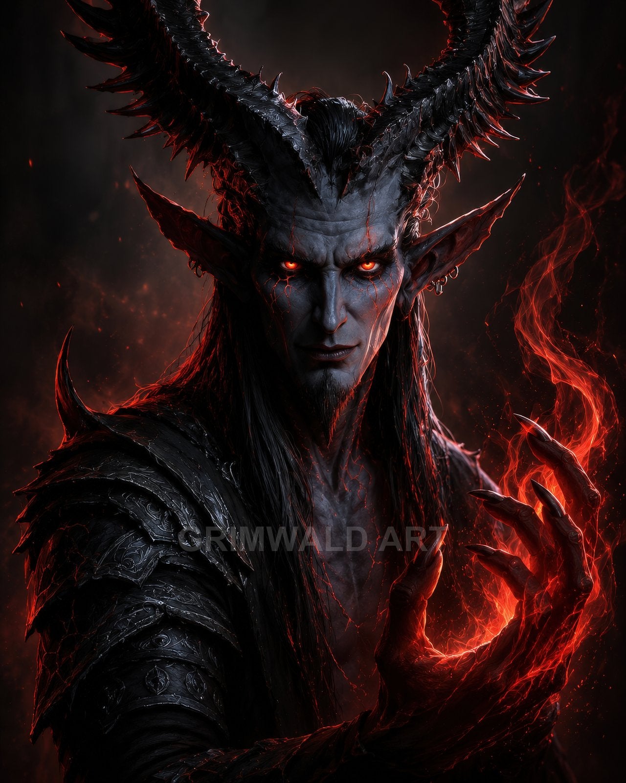Armoured horned demon with glowing ember eyes conjures red fire in a clawed hand against a dark, smoky backdrop.
