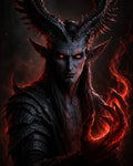 GRID THUMBNAIL — Armoured horned demon with glowing ember eyes conjures red fire in a clawed hand against a dark, smoky backdrop.