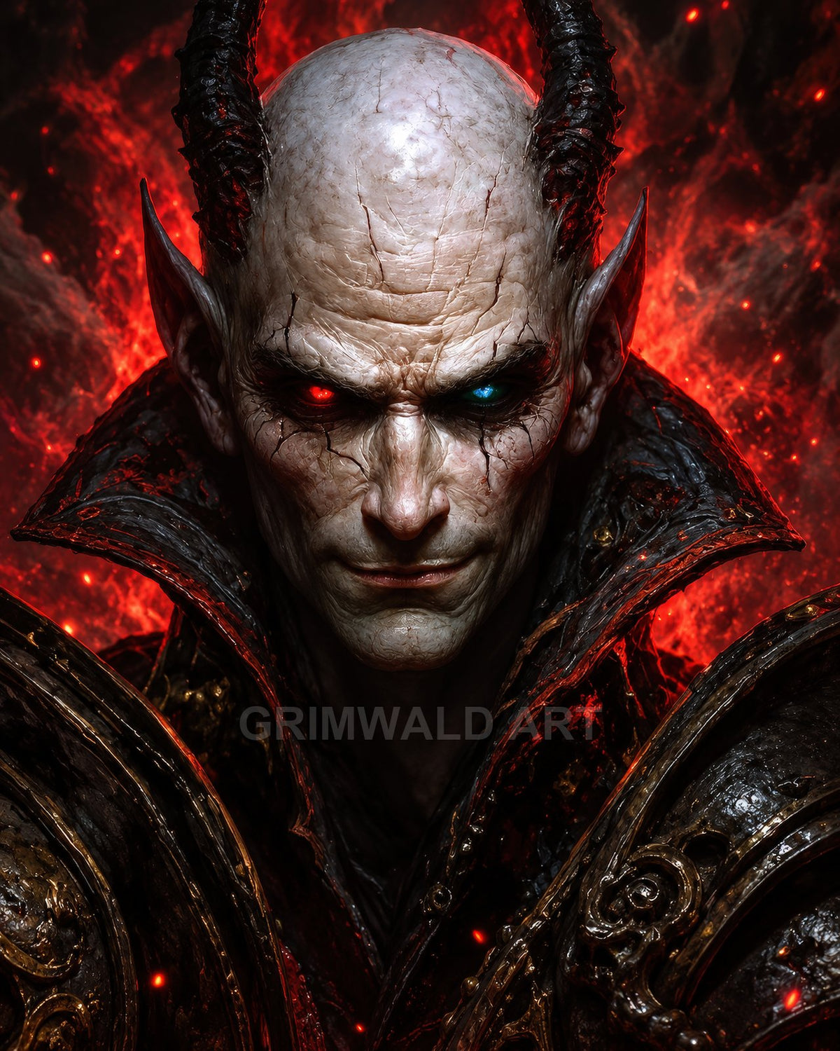 Close portrait of a horned bald demon in ornate dark armour, cracked pale skin, red and blue glowing eyes, against a fiery embered backdrop.
