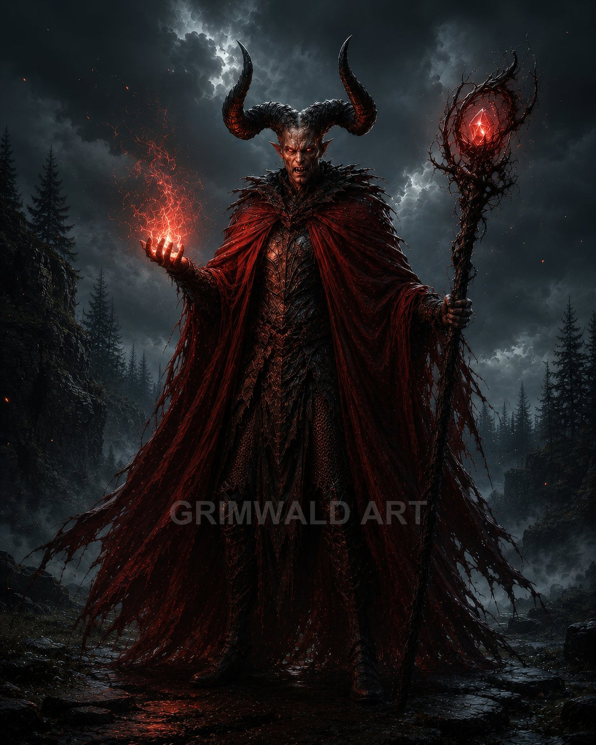 A towering horned demon in tattered red robes conjures crimson fire and wields a crystal-tipped staff amid storm clouds and dark pine forest.